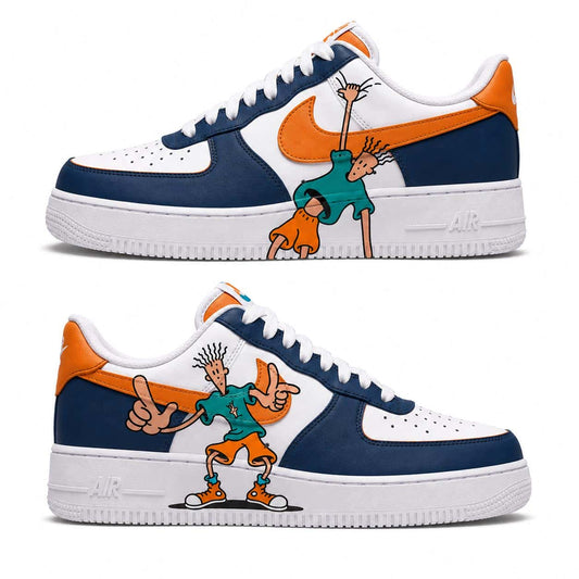 Retro Cartoon Navy & Orange Hand-Painted Air Force 1s
